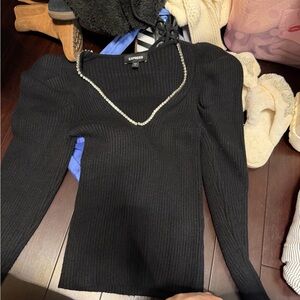 Express Black Ribbed Sweater with Rhinestone Trim
